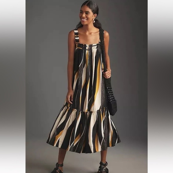 ANTHROPOLOGIE Square-Neck Waistless Midi Dress, Black Motif, Size Large NWT - Picture 1 of 7